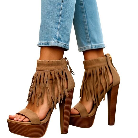 Breckelle's 7 Platform Fringe Brown Women's Sandal Shoe 5 Inch High Heel - Picture 1 of 8